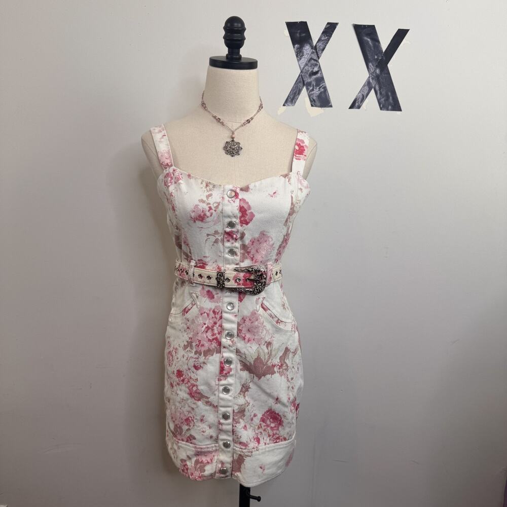 For Love & Lemons Western Floral Denim Fitted Mini Dress Belted M